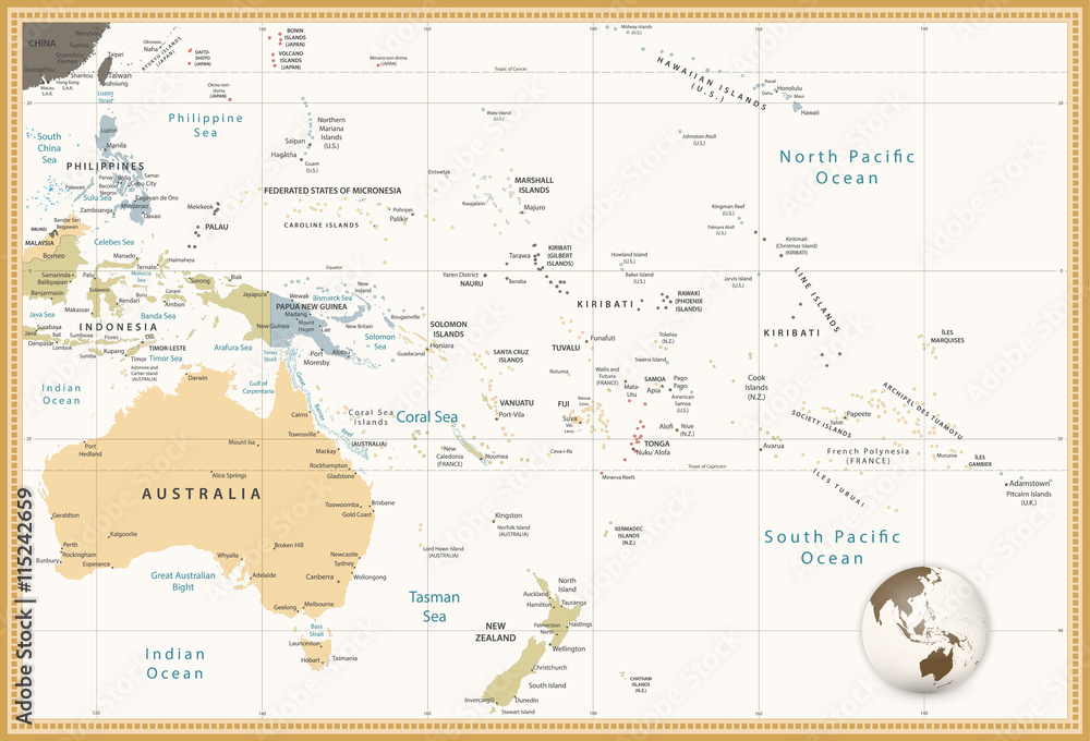 Australia and Oceania detailed political map retro colors