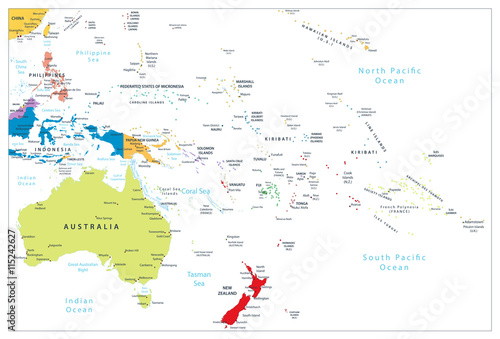 Australia and Oceania detailed political map isolated on white