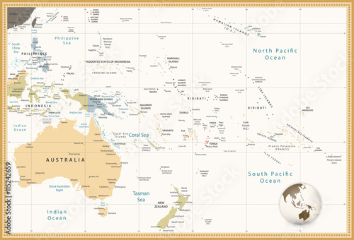 Australia and Oceania detailed political map retro colors