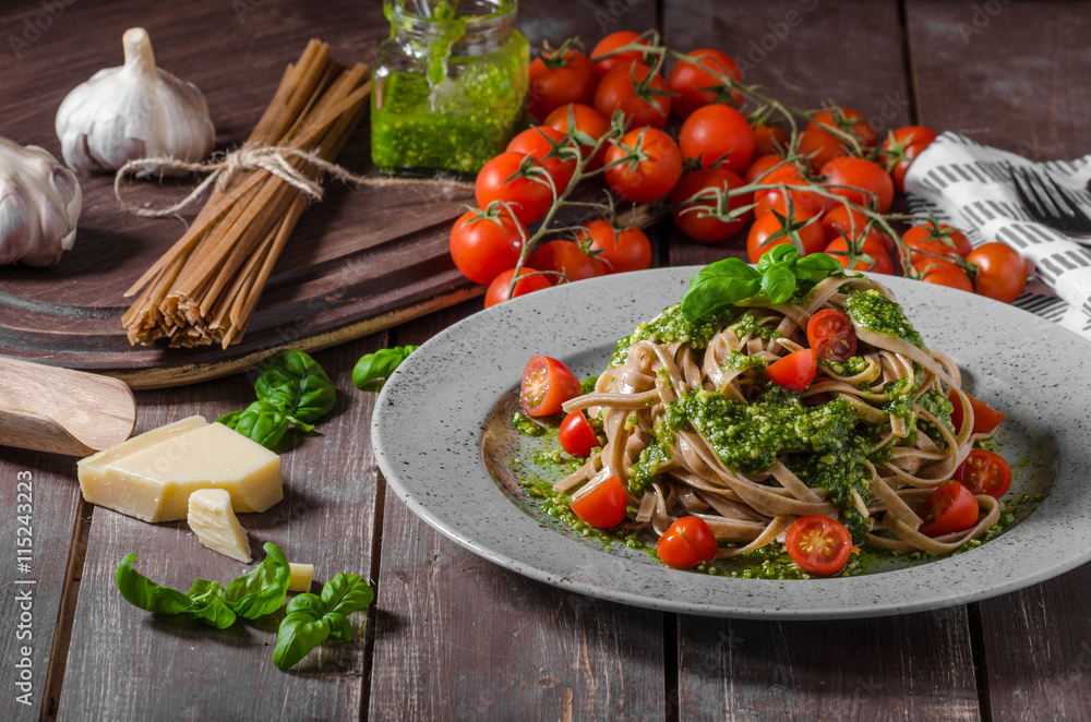 Pasta with basil pesto and parmesan Pasta with basil pesto and parmesan