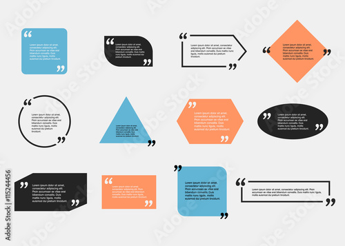 Quote blank template.  Template vector eps 10 set. Empty quote bubble.  Quote form. Quote citation blank template. Blank template with print information design quotes. Color  quote bubble.