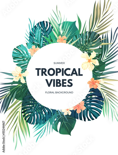 Bright hawaiian design with tropical plants and hibiscus flowers