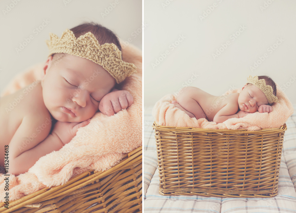 baby covered with pink blanket in brown woven basket with brown