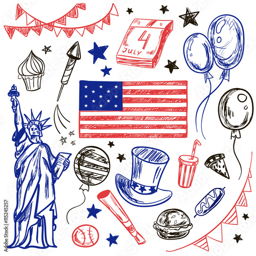 Happy Memorial Day American themed doodle set.