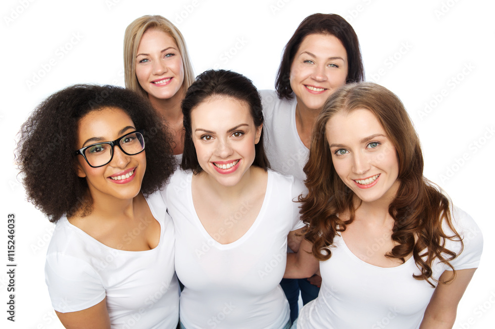 group of happy different women in white t-shirts group of happy different women in white t-shirts