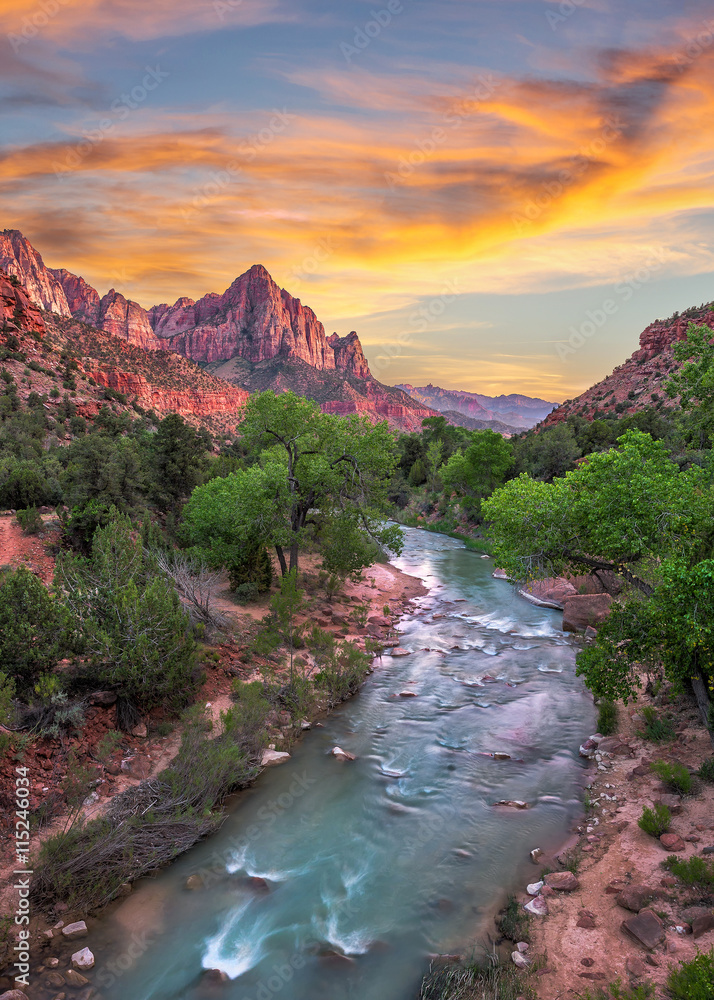 Fototapeta premium Zion National Park, Virgin River, scenic sunset, 