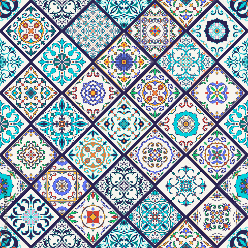 Vector seamless texture. Beautiful mega patchwork pattern for design and fashion with decorative elements