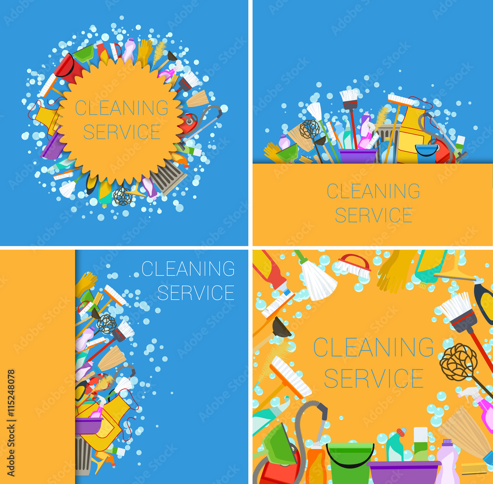 set of cleaning service supplies yellow and blue backgrounds
