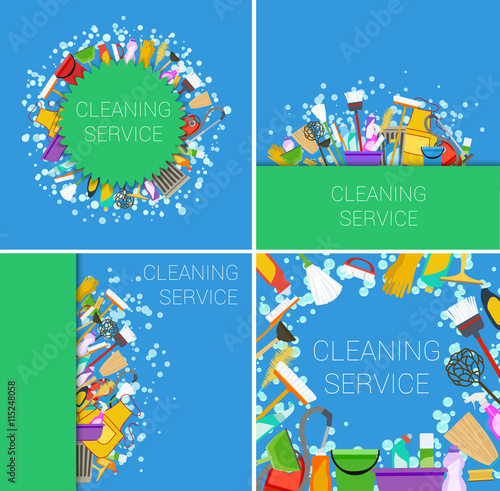 set of cleaning service supplies green and blue backgrounds