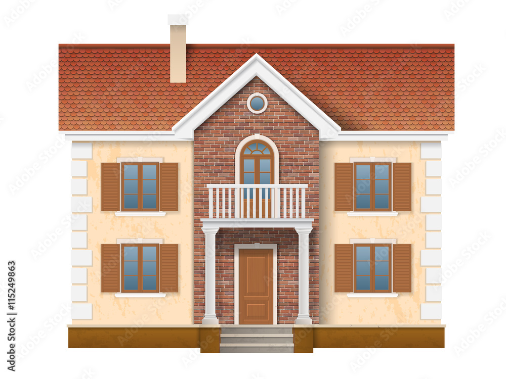 A two story residential house with brick wall and red tile. Entrance to the house is decorated with classical columns. A two story residential house with brick wall and red tile. Entrance to the house is decorated with classical columns.