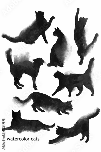 Hand drawn watercolor black cats shapes collection