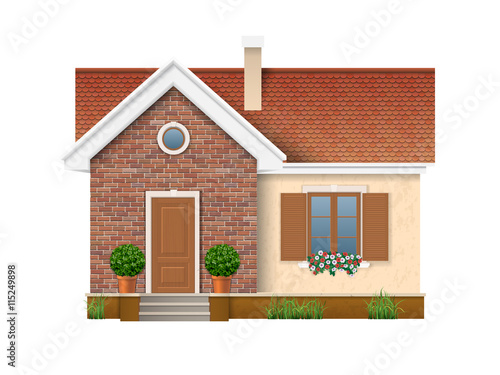 Small residential house with brick wall and roof of red tiles. A window with shutters decorated with flowers petunias, which stand on the windowsill. Entrance is decorated with boxwood in pot.