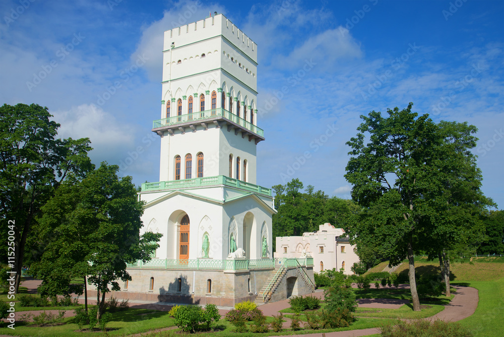 The white tower in the Alexander Park, july afternoon. Tsarskoye Selo, Saint Petersburg, Russia