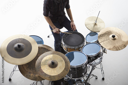 Sticker Overhead Shot Of Drummer Playing Drum Kit In Studio