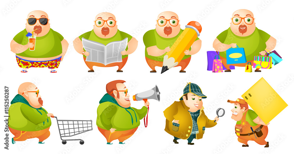 Vector set of cheerful fat man illustrations. Vector set of cheerful fat man illustrations.