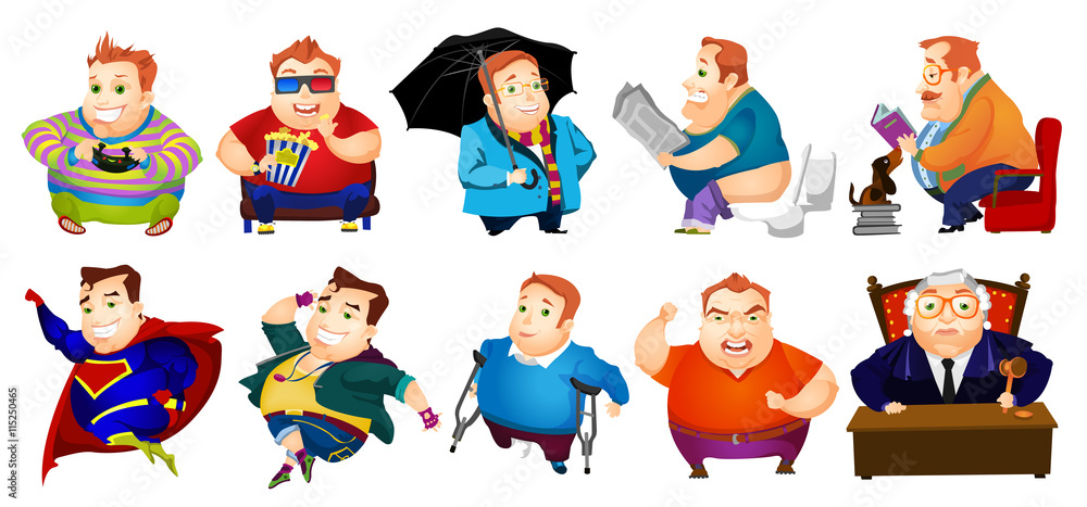Vector set of cheerful fat man illustrations.