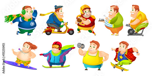 Vector set of funny fat man sport illustrations.