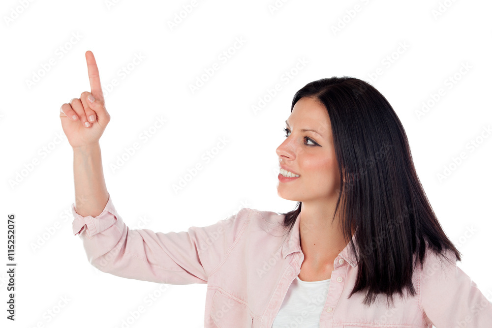 Brunette pretty girl indicating something with the finger Brunette pretty girl indicating something with the finger