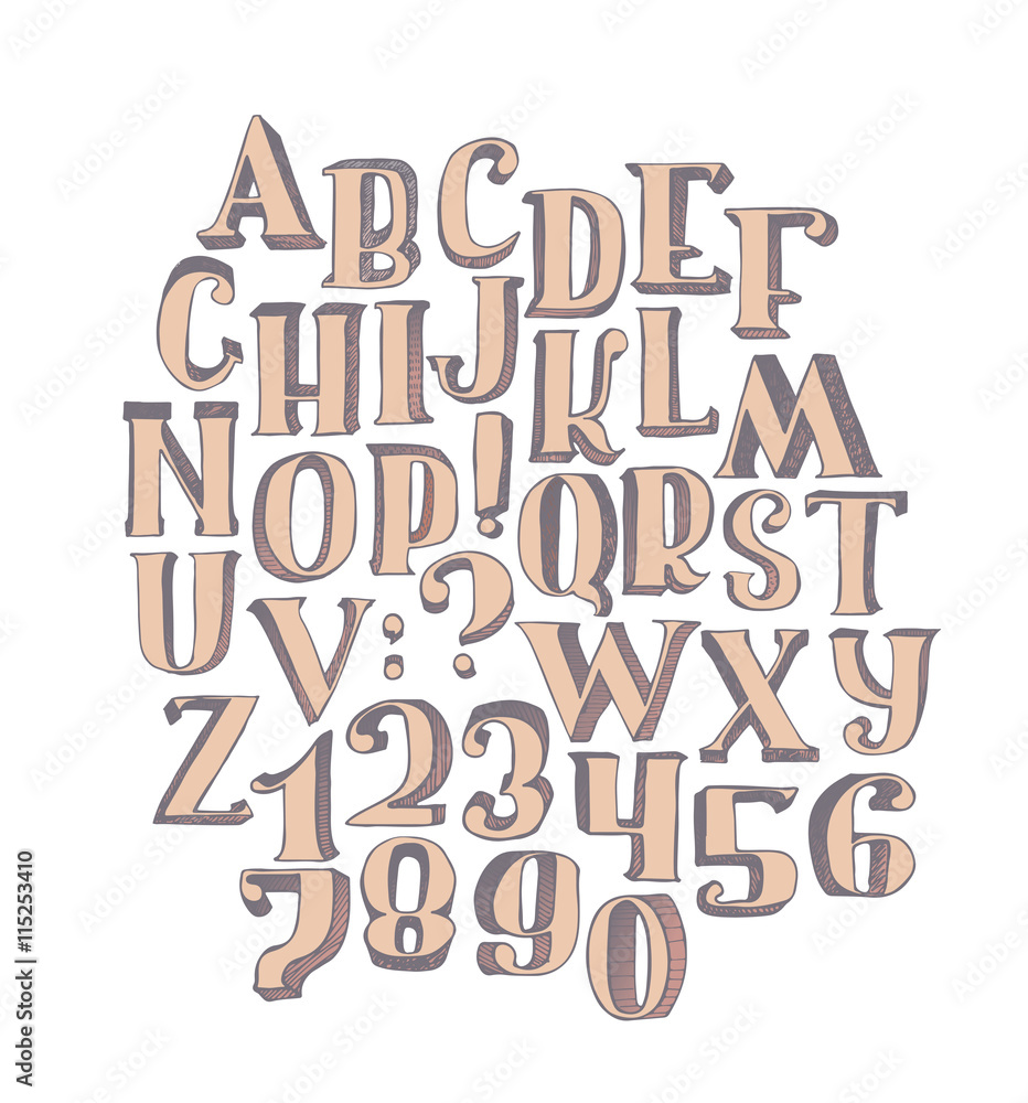 Large collection with handdrawn alphabet with letters sequence from A to Z and numbers sequence from 0 to 9. Vector illustration, bright, isolated on white background, hand drawn with brush in 3d
