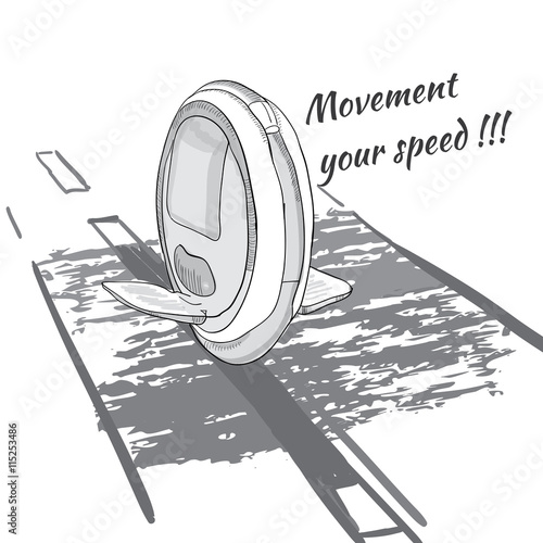 of Hand Drawn of  isolate Balancing one wheel electric unicycle 