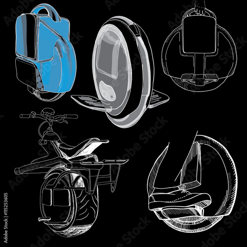 illustration of Hand Drawn Set of Balancing one wheel electric u