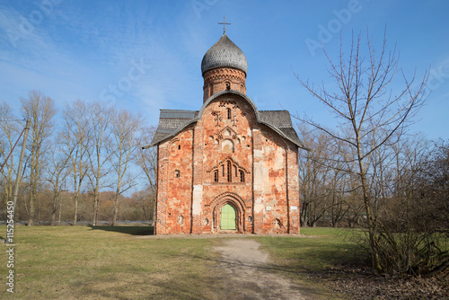 View of the Church of St. Peter and Paul in Kozhevniki, sunny april day. Veliky Novgorod, Russia