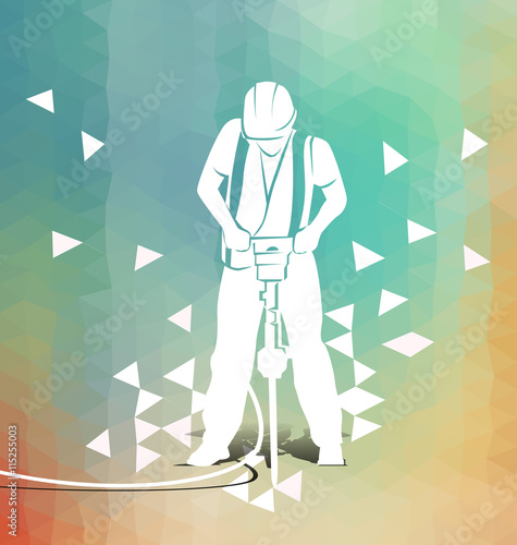 Vector illustration of a worker with a jackhammer on polygonal background