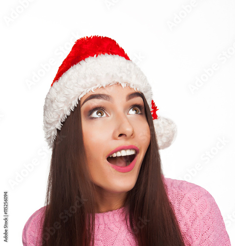 Model in christmas hat close-up picture