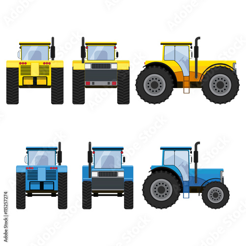 Yellow and blue tractors with big wheels.