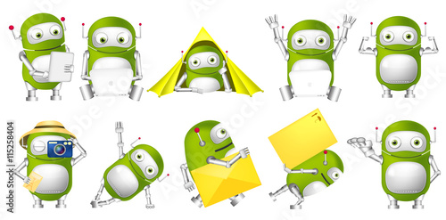 Vector set of green robots illustrations.