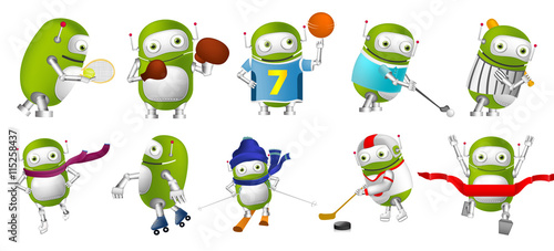 Vector set of green robots sport illustrations.