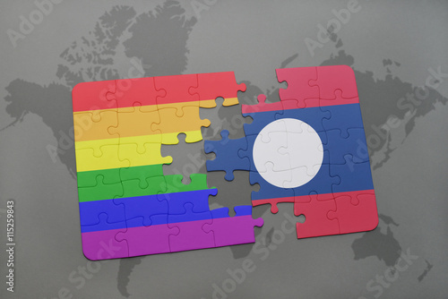 puzzle with the national flag of laos and gay rainbow flag on a world map background.