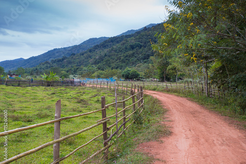 Red dirt rough pathway road along bamboo fence lead to farm with mountain view, green environment and sky