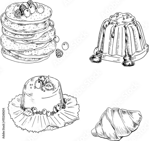 Dessert set: pancakes with fresh berries, panna cotta, jelly or cake and croissant. Cartoon sketch drawn by ink. Hand drawn vector illustration.