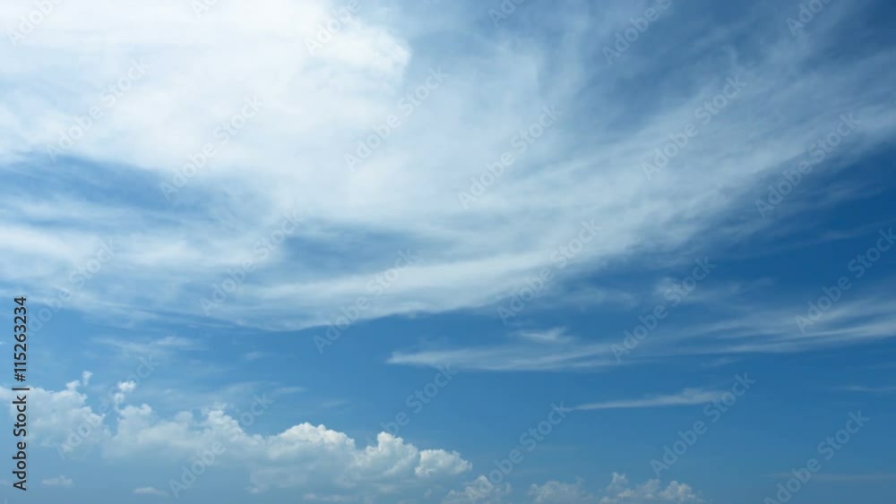 Beatiful, warm, blue, tropical sky with two kinds of clouds in the distance, with barely perceptable motion. Video 4k