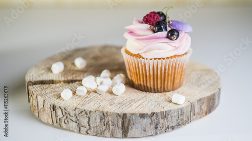 cake with berries and colored candies, cinnamon, marshmellou photo