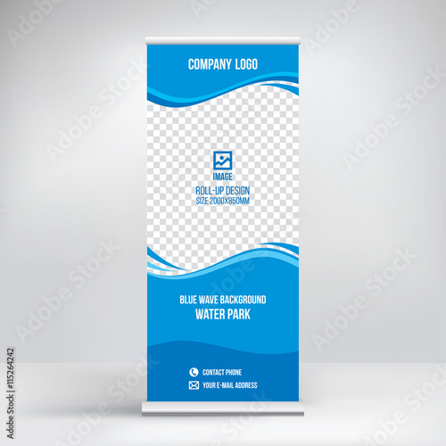 Roll up banner stand design for water Park, blue wave background, vector