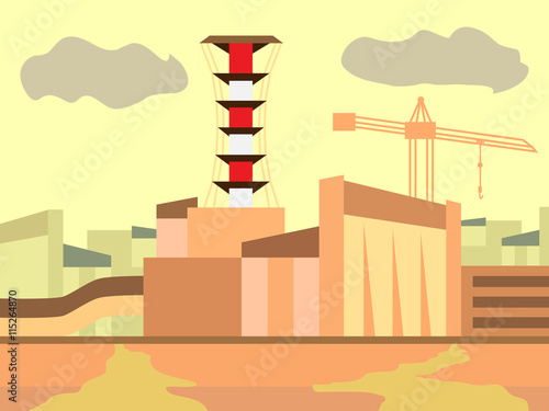 Old factory with tower. Environmental pollution concept. Vector illustration.