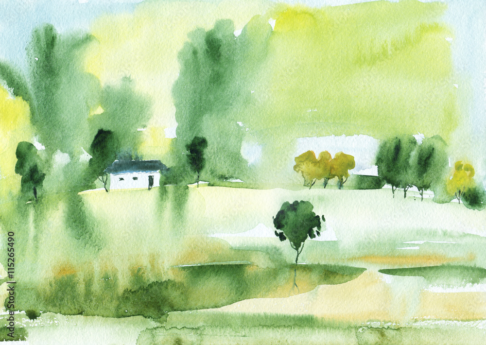 Fototapeta premium Watercolor painting. Natural summer landscape with trees and house.