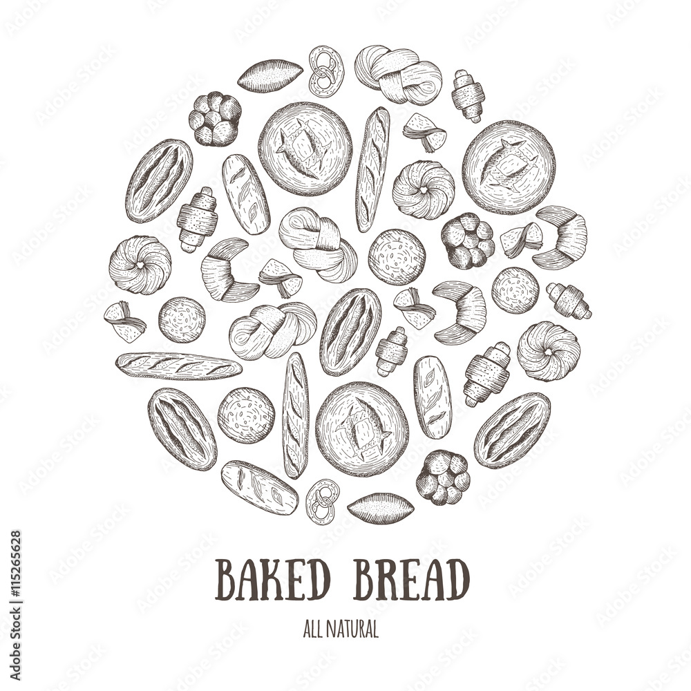 Vector background with bread, bakery products. Bakery circle concept. Hand drawn illustrations.
