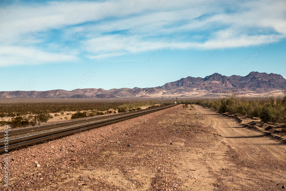 Train tracks in the Mojave desert Train tracks in the Mojave desert