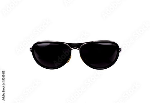 Aviator sunglasses isolated on white. Cool sunglasses isolated on white background. In black plastic frame. Top view. Close up.