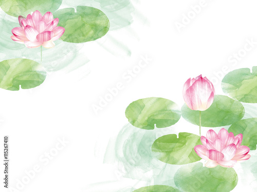 Fototapeta Naklejka Na Ścianę i Meble -  Lotus border. Hand drawn watercolor oriental nature illustration. Artistic lily flowers and leaves