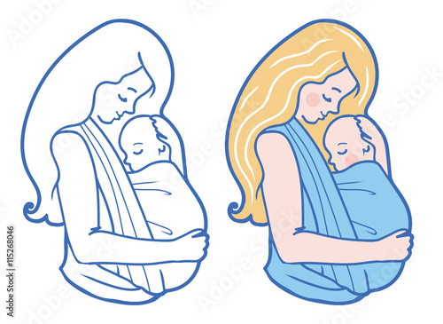 Vector Babywearing Illustration With Mother Hugging Baby In a Sling. Color and Drawing set. Simple lineart style.