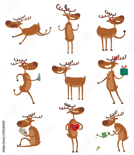 Cute deer cartoon running comic wild vector character. Vector wild mammal cartoon deer celebration, humor mascot. Elk antler clip art holiday symbol stag nature cartoon deer forest animal set.