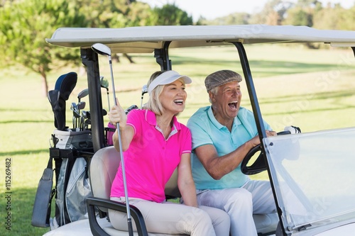 Mature couple sitting in golf buggy