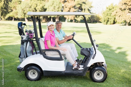 Happy mature couple sitting in golf buggy