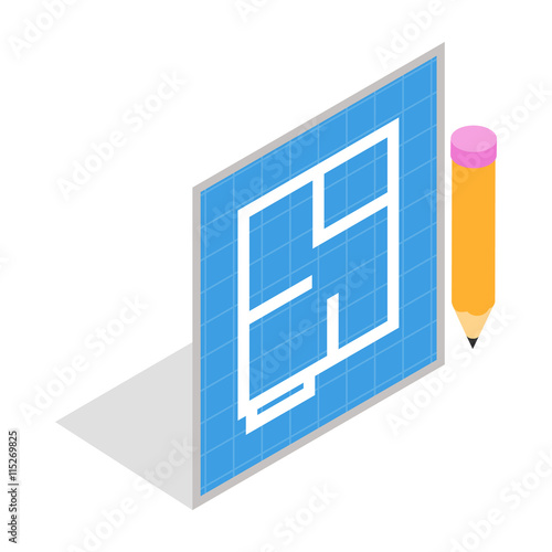 Flat project and pencil icon in isometric 3d style isolated on white background