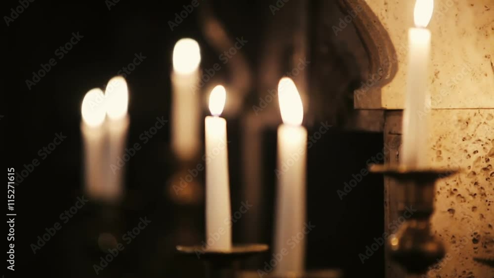 White candles lighting. Fire Burning flame White candles lighting. Fire Burning flame