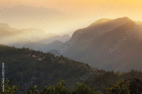 Abstract background of mountain and colorful sky during sunrise and sunset in Thailand